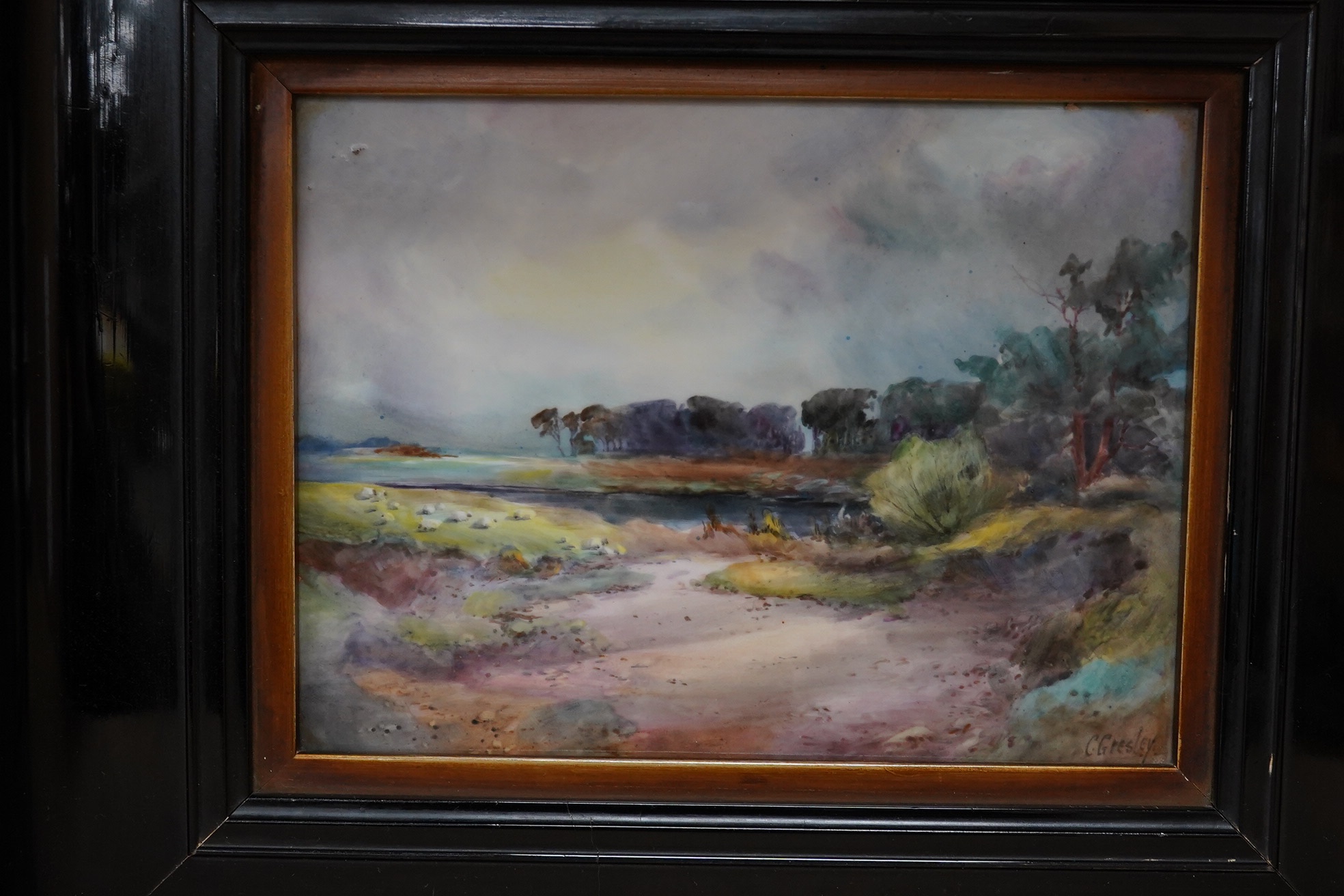 A pair of Royal Crown Derby painted porcelain ‘landscape’ plaques, painted by Cuthbert Gresley, overall 27 x 32cm. Condition - good